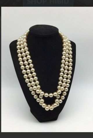 Kenneth Jay Lane Champagne Faux Pearls 3 Strand Necklace Rhinestone Clasp