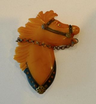 Butterscotch Carved Bakelite Horse Head Brooch/pin