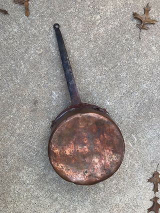 ANTIQUE Rustic Vintage Copper Pan HAND FORGED - - iron handle - old rivets. 2