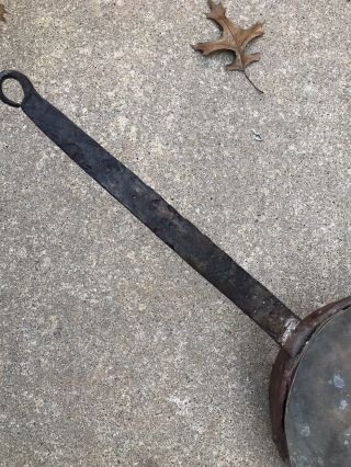 ANTIQUE Rustic Vintage Copper Pan HAND FORGED - - iron handle - old rivets. 3