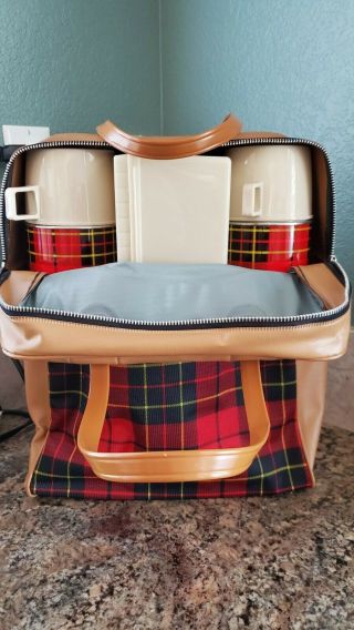 Vintage King Seely Thermos Red Plaid Picnic Set -