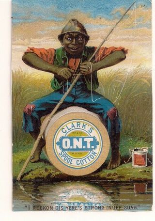 1880s Victorian Trade Card Clarks Ont Thread Black Americana Man Fishing