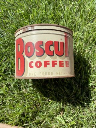Vintage One Pound Boscul Brand Coffee Tin Advertising Collectible Graphics 40s