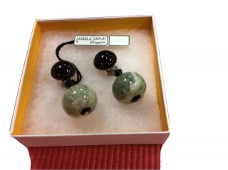 Angela Caputi Clip On Earrings With Tag Black Resin Dangle With Gray Marble Ball