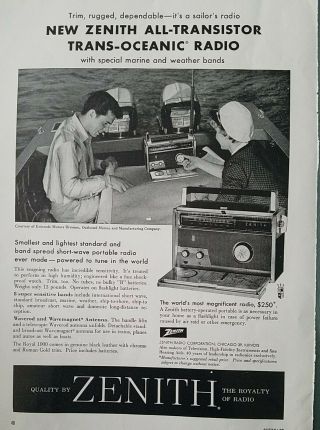 1958 Zenith All Transistor Transoceanic Radio Special Marine Weather Bands Ad