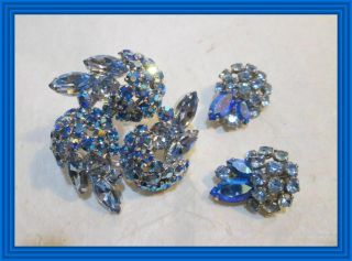 Sherman True Sky Blue & Peacock Blue Ab - Triple Flowerpot Cluster Brooch Set Nr