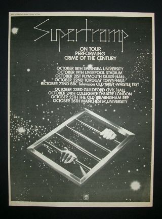 Supertramp Crime Of The Century Tour 1974 Poster Type Ad,  Promo Advert