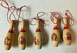 Set Of 5 Vintage Wooden Mini Bowling Pin Ornaments Brunswick King Red Crown 2.  5 "