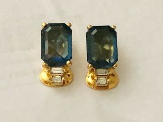 Christian Dior Faux Sapphire Rhinestone Gold Tone Clip On Earrings Signed Nmbr