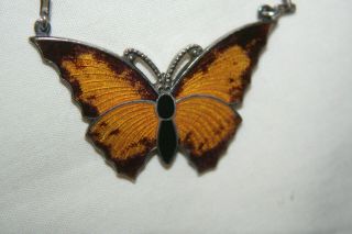 Silver And Enamel Butterfly Pendant On Integral Chain Hallmarked B 