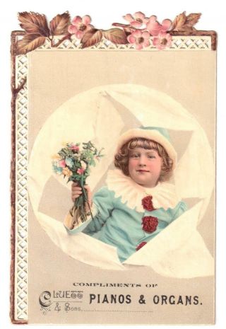 Vintage Lace/die Cut Gloversville,  Ny Trade Card Cluett Pianos Boy Clown Flowers