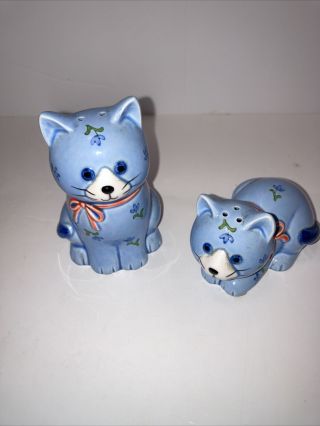 Vintage Otagiri Japan Hand Crafted Ceramic 2 Blue Cats Salt & Pepper Shakers 4”