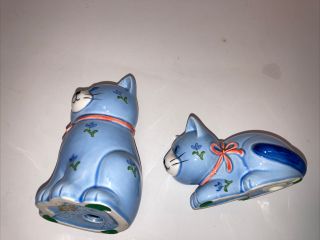 Vintage Otagiri Japan Hand Crafted Ceramic 2 Blue Cats Salt & Pepper Shakers 4” 2