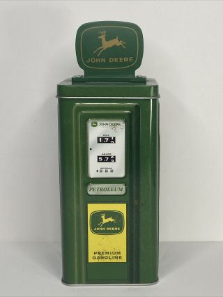 9 " John Deere Collectible Tin Coin Bank Tractor Gas Pump Green & Yellow Box
