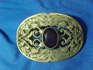 Early 20thc Art Nouveau Large Brass Ornate Brooch Pin W Purple Glass Stone 2