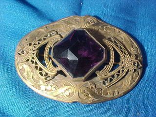 Early 20thc Art Nouveau Large Brass Ornate Brooch Pin W Purple Glass Stone