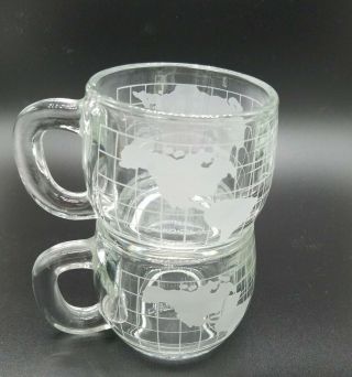 Vtg Nestle World Globe Frosted Etched Glass Coffee Tea Cups Mugs Set Of Two
