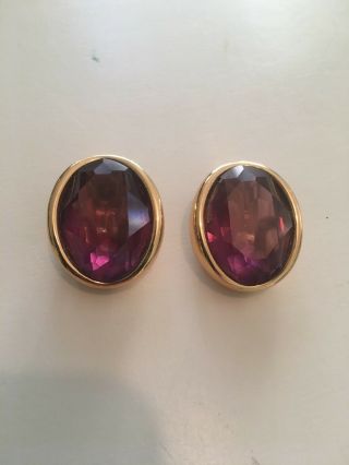 Vintage Signed Christian Dior Faux Amethyst Gold Tone Clip On Earrings