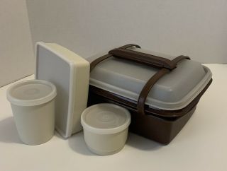 Vintage Tupperware Pak - N - Carry W/ 3 Containers Lunch Box 1254 Brown W/ Almond