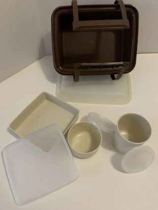 Vintage Tupperware Pak - N - Carry w/ 3 Containers Lunch Box 1254 Brown w/ almond 2
