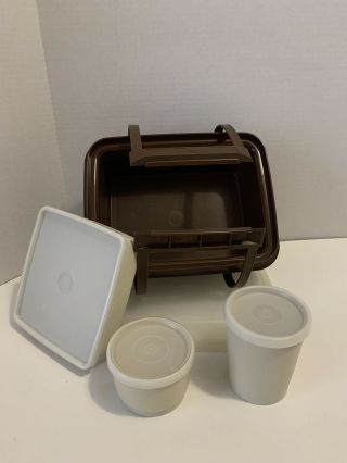Vintage Tupperware Pak - N - Carry w/ 3 Containers Lunch Box 1254 Brown w/ almond 3