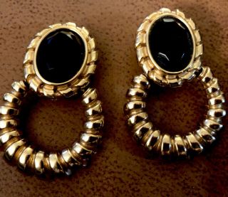 Vintage Givenchy Gold Tone Door Knockers Clip Earrings W Black Stones