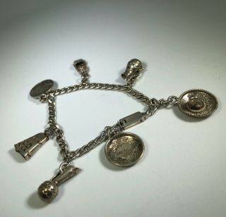 Vintage Mexican Cartelan Sterling Silver 925 Bracelet With 7 Charms