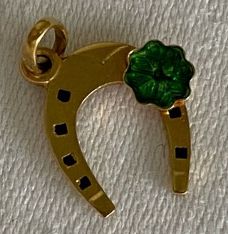 Vintage 18k Gold Charm Pendant Double Lucky Horseshoe With Four Leaf Clover.  75g