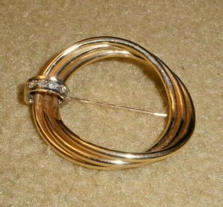 Vintage 14k Yellow Gold Triple Circle Brooch With Clear Rhinestones - 5.  9 Gm