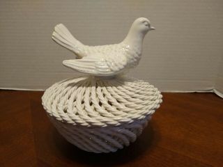 Ceramic Rope Weave Covered Dish With Bird On Top.