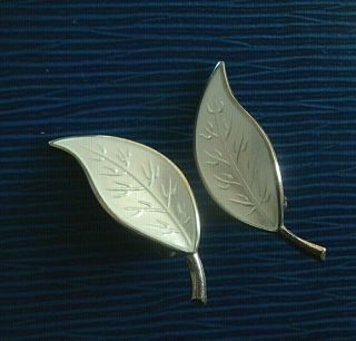 Norwegian Stg.  Silver & White Enamel Leaf Earrings - David Andersen Norway
