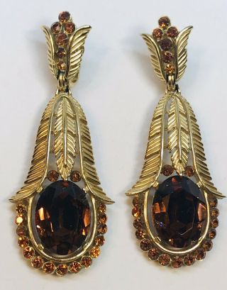 Large Vintage Trifari Alfred Philippe Moghul Amber Peacock Feather Drop Earrings