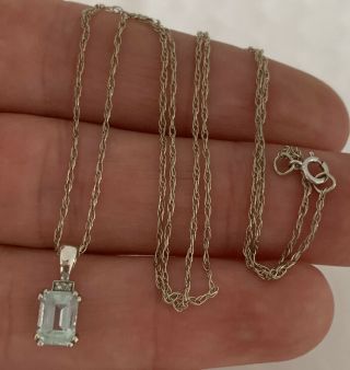 9ct White Gold Emerald Cut Aquamarine And Diamond Pendant On Chain,  9k 375