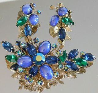 Vintage Cathe Blue,  Green Rhinestones,  Glass Floral Brooch & Earrings Signed Set