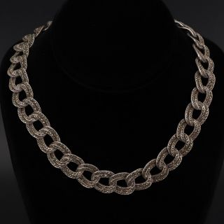 Sterling Silver - Art Deco 16mm Marcasite Double Chain Link 17 " Necklace - 72g