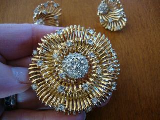 Vintage Boucher Large Rhinestone Flower Brooch And Matching Clip Earrings