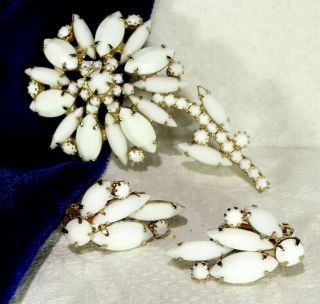 Vtg " Posh " Alice Caviness Milk Glass Rs Long Stem Flower Brooch Pin Earring Set