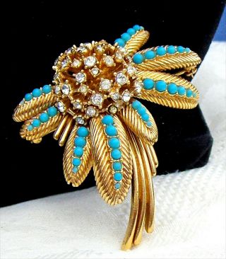 Signed Ciner Clear Rhinestones Turquoise Stones Flower Brooch Pin