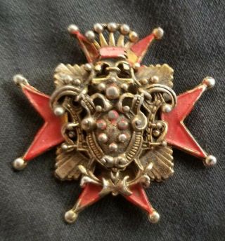 Vintage Maltese Cross Coat Of Arms Red Enamel Gold Pin Brooch St.  Johns Malta