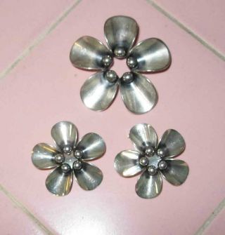 Floral Earrings Pin / Brooch N E From Danish Sterling Silver Denmark Modernist