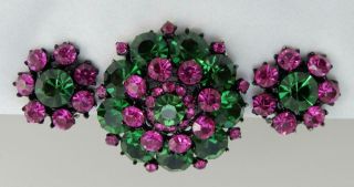 Vintage Signed Weiss Pink And Green Rhinestone Pin & Earring Set