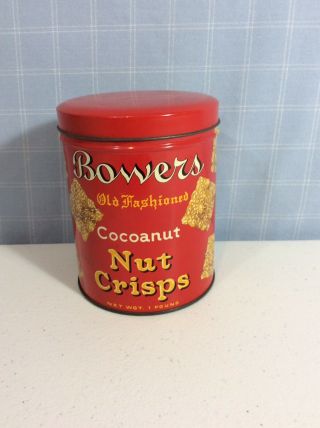Vintage Bowers 1 Lb.  Old Fashioned Cocoanut Nut Crisps Food Advertising Tin Can