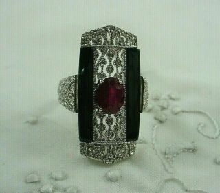 Vtg Sterling Silver Signed Art Deco Style Onyx & Ruby Ring Size 10