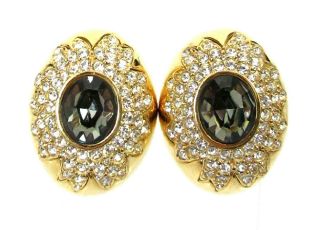 Ciner Vintage Gold Plated Pave Crystal Faceted Stone Clip On Signed Earrings