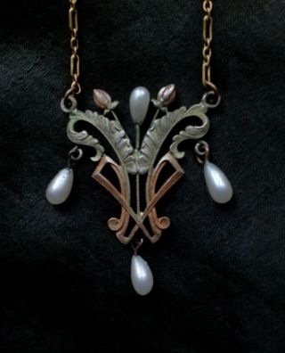 Stunning Fine Antique French Organic Art Nouveau Enamel Brass Pendant Necklace