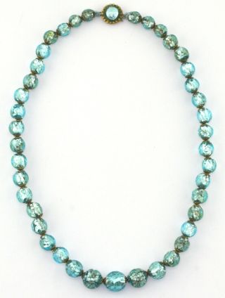 Vintage Venetian Murano Silver Foiled Aquamarine Glass Graduated Bead Necklace