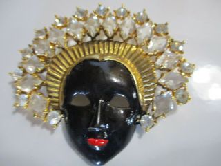 Vintage Lady Face Mask Brooch Pin Rhinestones Enameled Unsigned Baker
