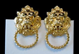 Vintage Unsigned Anne Klein Gold Tone Lion Head Door Knocker Brooch Or Pin Set