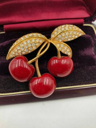Stunning Vtg Cherry Brooch Joan Rivers Signed Gorgeous Red Enamel Gold Plate Wow