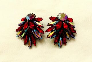 Signed Sherman Clip Earrings Siam Red Japanned Settings
